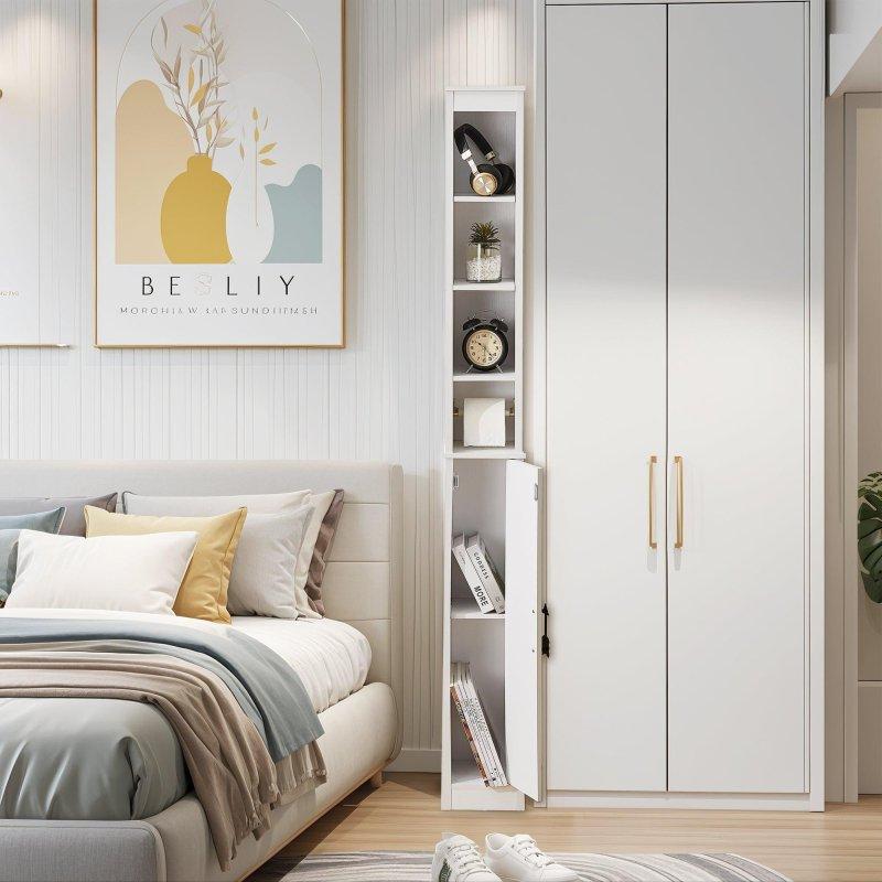 Beyaz MDF Yivli Kapaklı Ayarlanabilir Raflı Dar Çok Amaçlı Banyo Dolabı - 180 cm - 333437