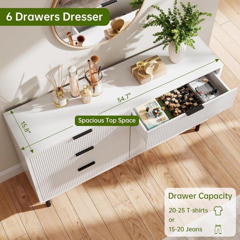 Beyaz MDF Yivli Metal Ayaklı 6 Çekmeceli Şifonyer - 309740