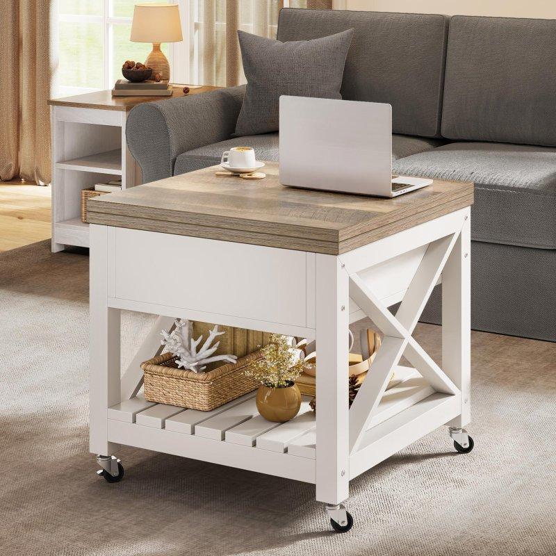 Beyaz MDF Yükseltilebilir Tablalı Raflı Tekerlekli Akıllı Sehpa - 57x57x51 cm - 254238