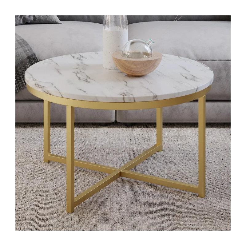 Beyaz Mermer Desenli Ahşap Tablalı Gold Çelik Çapraz Ayaklı Yuvarlak Orta Sehpa - Ø81 cm - 244695