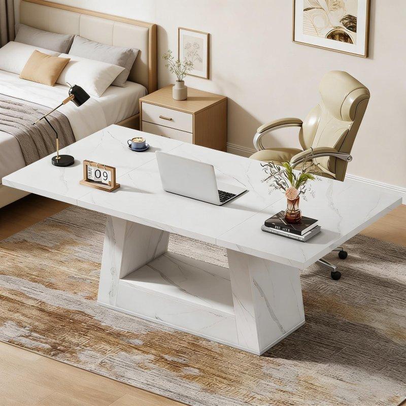 Beyaz Mermer Desenli Ahşap Trapez Ayaklı Ofis Masası - 161x81 cm - 327160