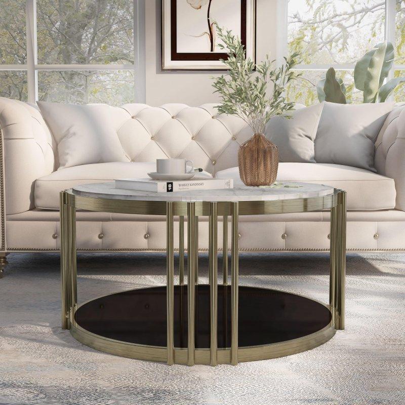 Beyaz Mermer Desenli Antik Pirinç Çelik Cam Raflı Art Deco Yuvarlak Orta Sehpa - 96 cm - 241725