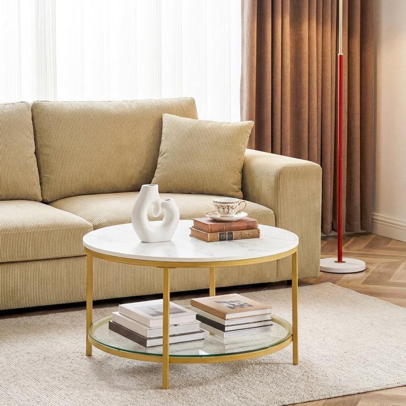 Beyaz Mermer Desenli Cam Raflı Gold Metal Ayaklı İki Katlı Yuvarlak Orta Sehpa - 81 cm - 245669