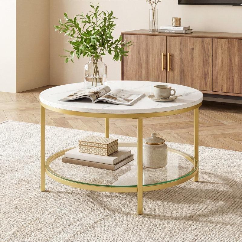 Beyaz Mermer Desenli Cam Raflı Gold Metal Ayaklı İki Katlı Yuvarlak Orta Sehpa - 81 cm - 245669