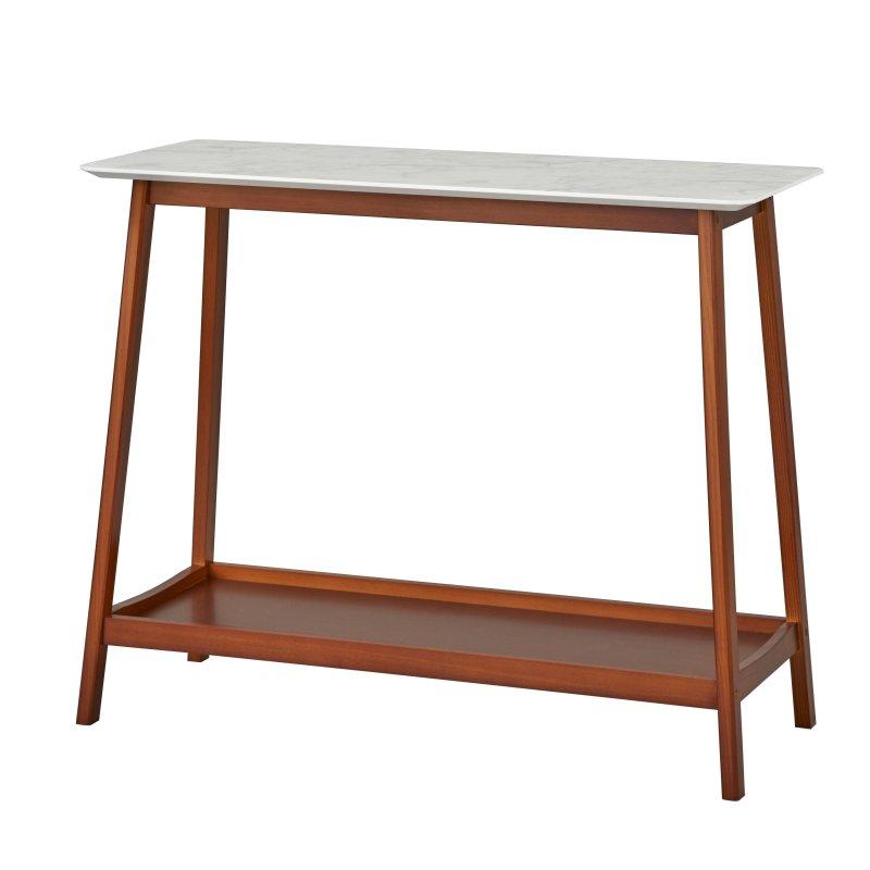 Beyaz Mermer Desenli Ceviz Rengi Raflı Ahşap Ayaklı Dresuar - 100 cm - 331465