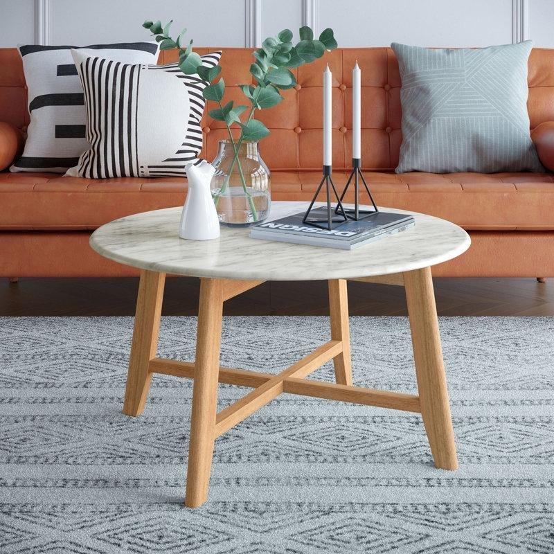 Beyaz Mermer Desenli Masif Ahşap Dört Ayaklı Yuvarlak Orta Sehpa - 81 cm - 244637