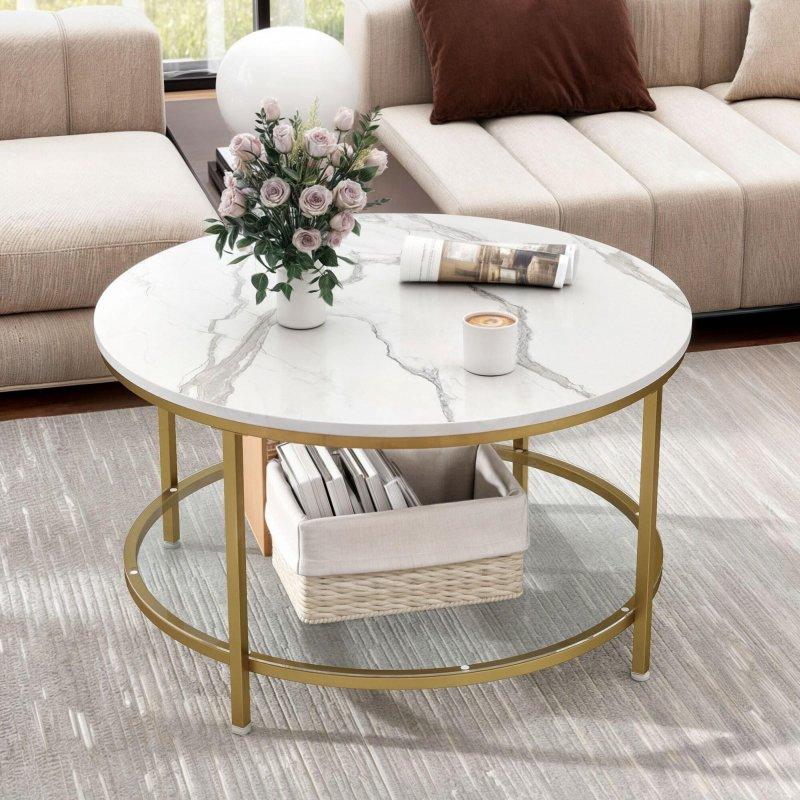 Beyaz Mermer Desenli MDF Gold Metal Ayaklı İki Katlı Yuvarlak Orta Sehpa - 81 cm - 240506