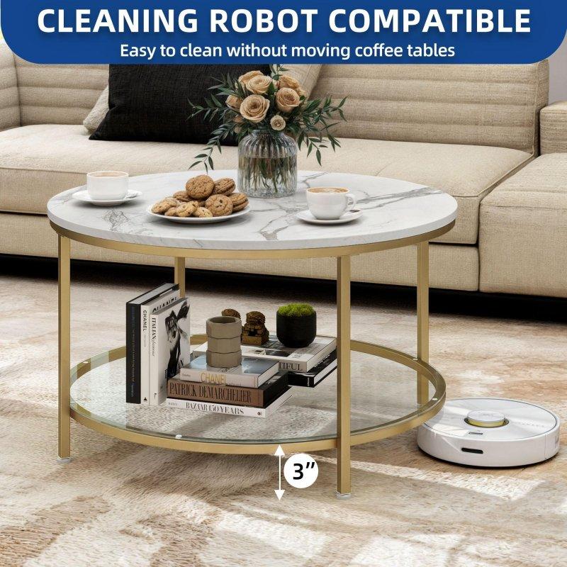 Beyaz Mermer Desenli MDF Gold Metal Ayaklı İki Katlı Yuvarlak Orta Sehpa - 81 cm - 240506