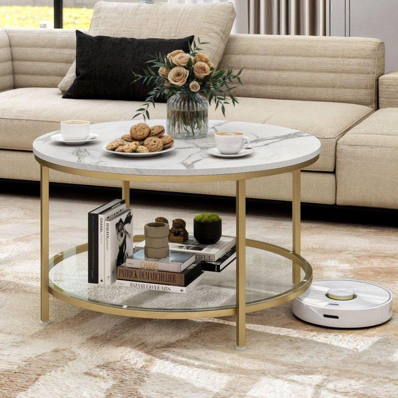 Beyaz Mermer Desenli MDF Gold Metal Ayaklı İki Katlı Yuvarlak Orta Sehpa - 81 cm - 240506