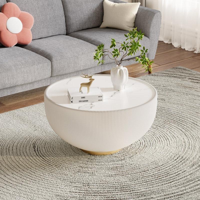 Beyaz Mermer Desenli PU Deri Kaplama Yivli Gold Metal Tabanlı Kase Formlu Yuvarlak Orta Sehpa - 70 cm - 245382