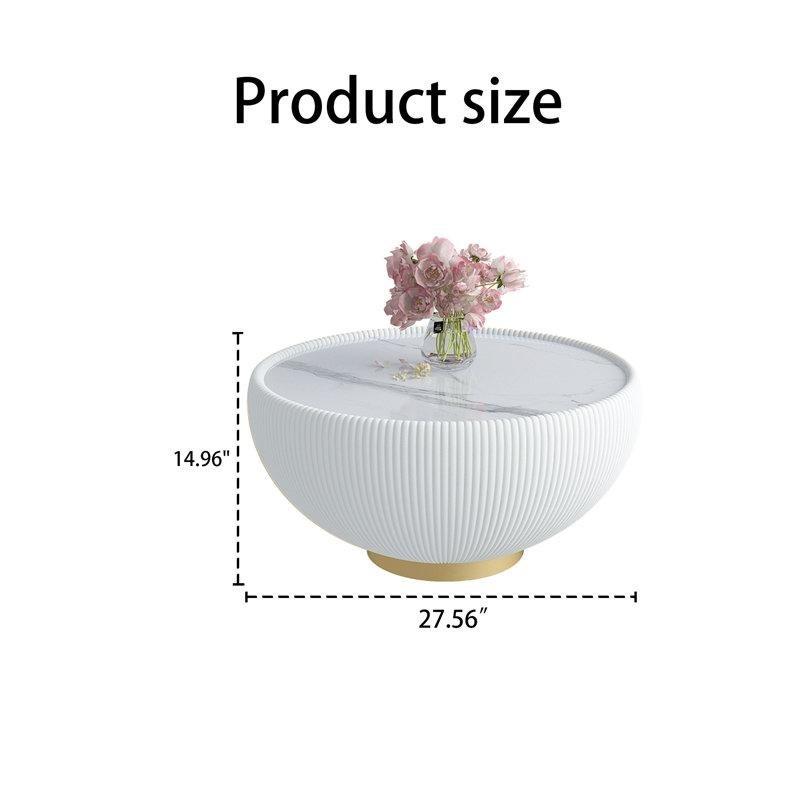 Beyaz Mermer Desenli PU Deri Kaplama Yivli Gold Metal Tabanlı Kase Formlu Yuvarlak Orta Sehpa - 70 cm - 245382