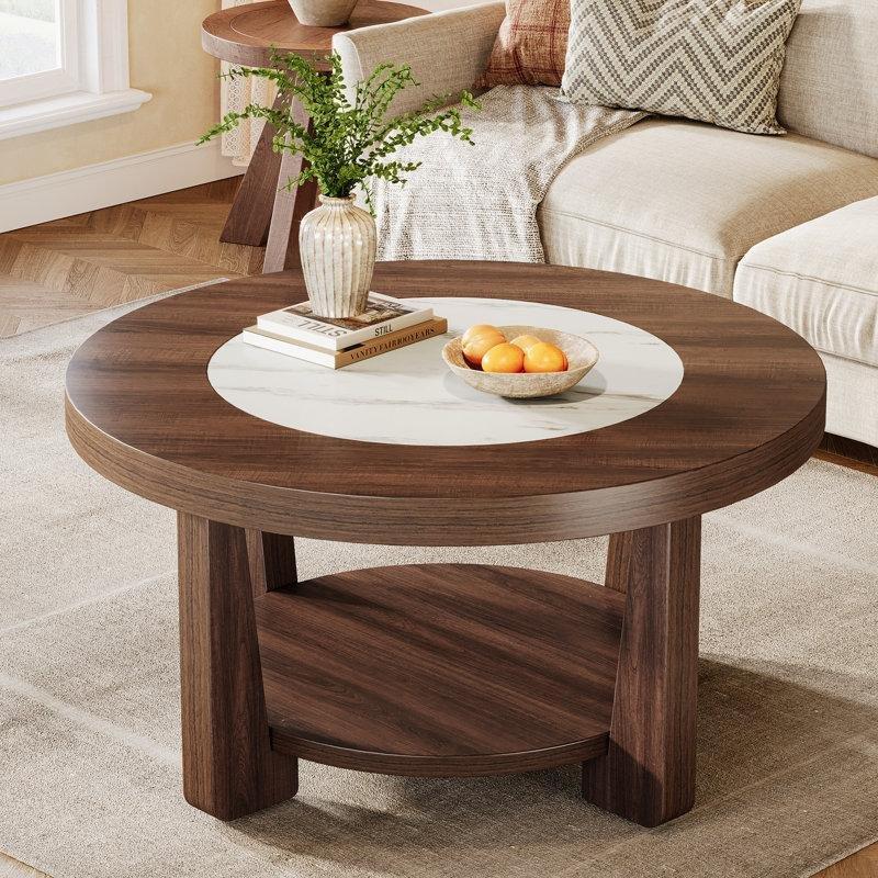 Beyaz Mermer Desenli ve Ceviz MDF 2 Raflı Yuvarlak Orta Sehpa - 81x46 cm - 244049
