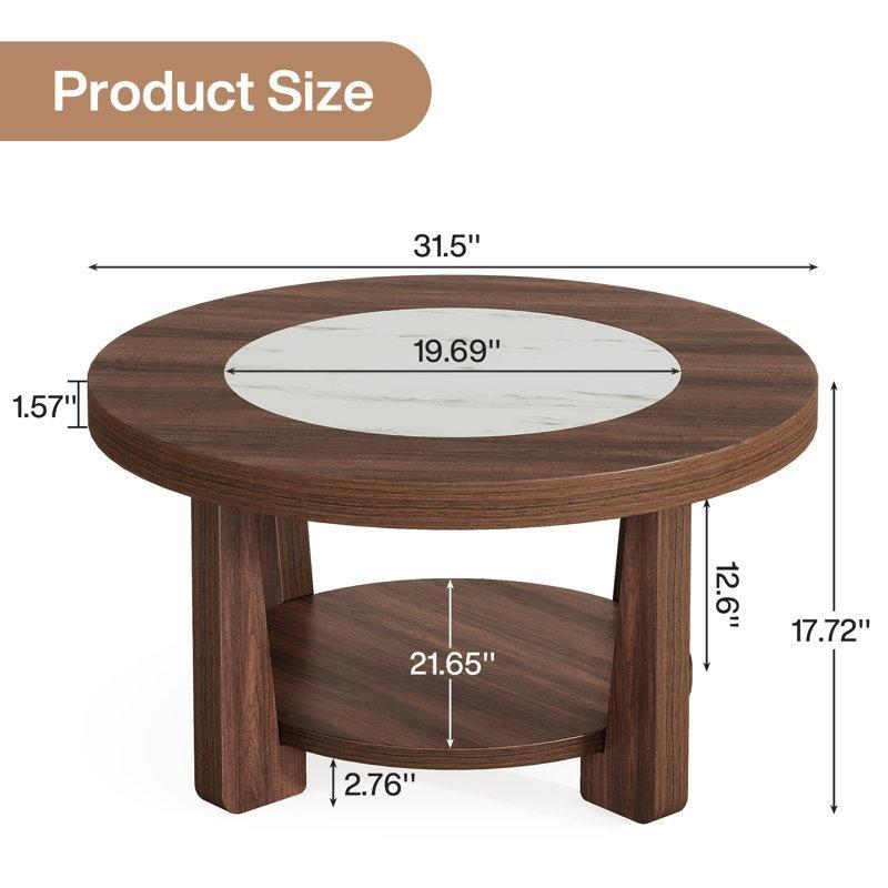 Beyaz Mermer Desenli ve Ceviz MDF 2 Raflı Yuvarlak Orta Sehpa - 81x46 cm - 244049