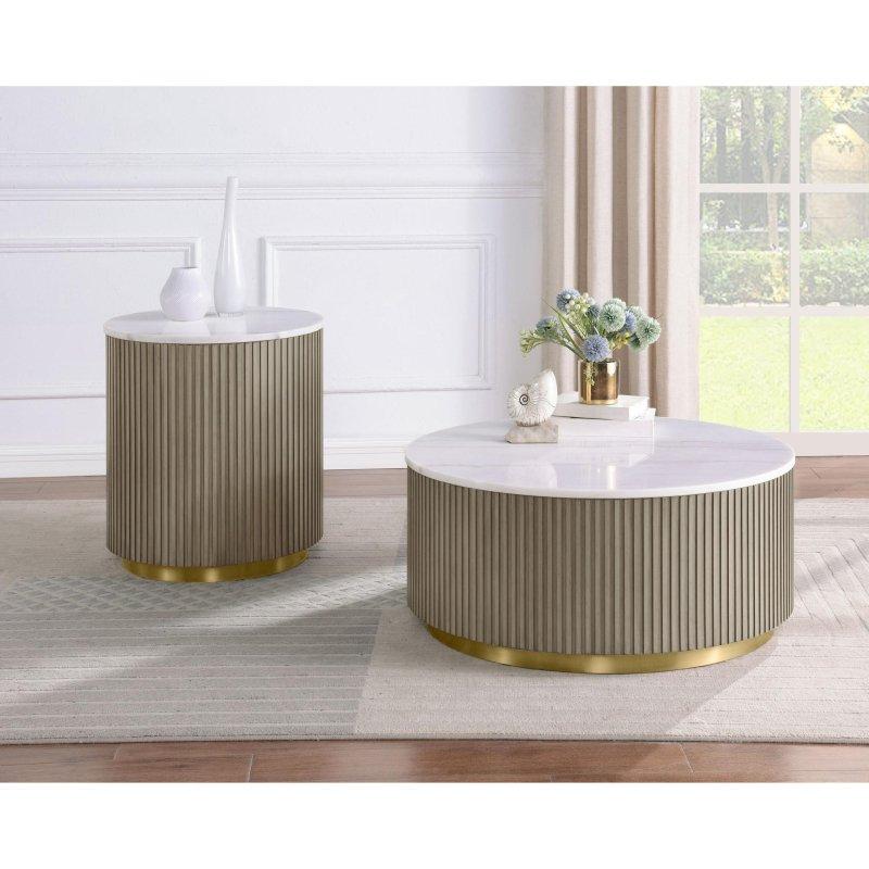 Beyaz Mermer Gold Metal Yivli Tambur Gövdeli Yuvarlak Orta Sehpa Seti - 89x40 cm - 243188