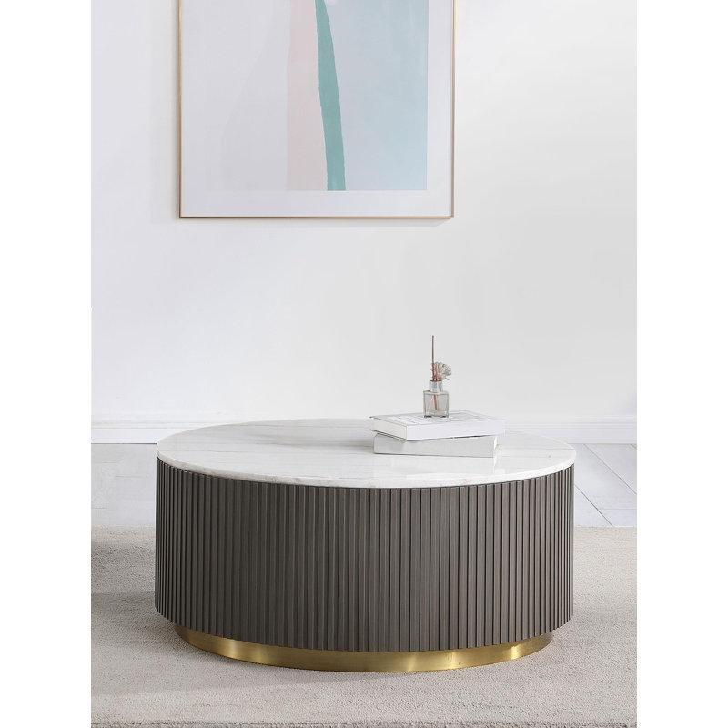 Beyaz Mermer Gold Metal Yivli Yuvarlak Orta Sehpa - 89 cm - 245304