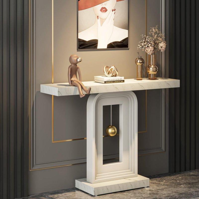Beyaz Mermer Görünümlü Ceviz Raflı Geometrik Gold Detaylı Dresuar - 101 cm - 332783