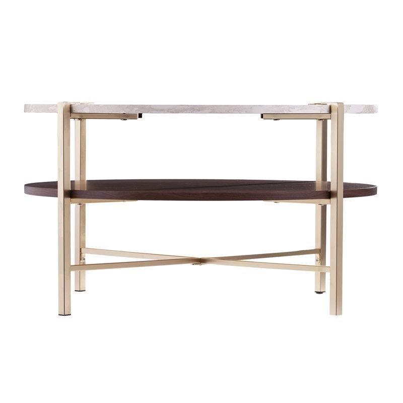 Beyaz Mermer Görünümlü Gold MDF Raflı Yuvarlak Orta Sehpa - 85 cm - 244644