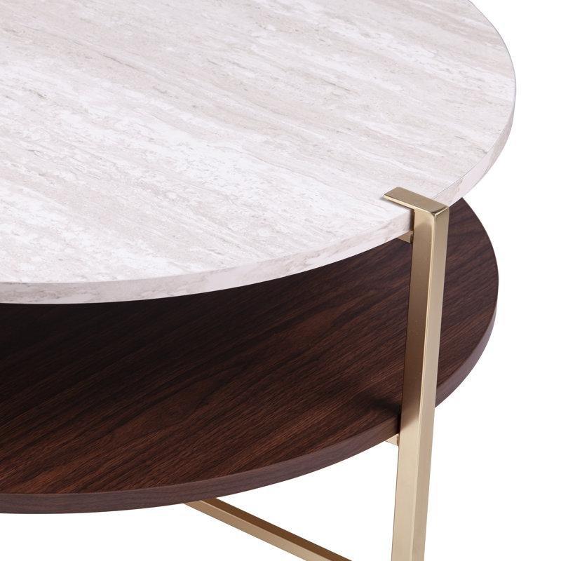 Beyaz Mermer Görünümlü Gold MDF Raflı Yuvarlak Orta Sehpa - 85 cm - 244644
