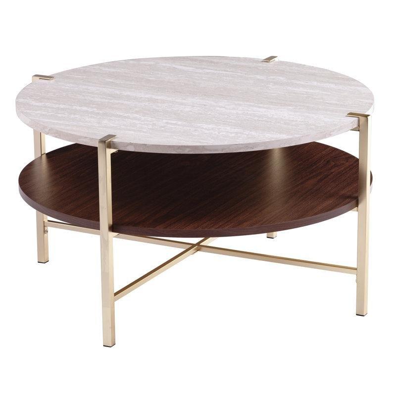 Beyaz Mermer Görünümlü Gold MDF Raflı Yuvarlak Orta Sehpa - 85 cm - 244644