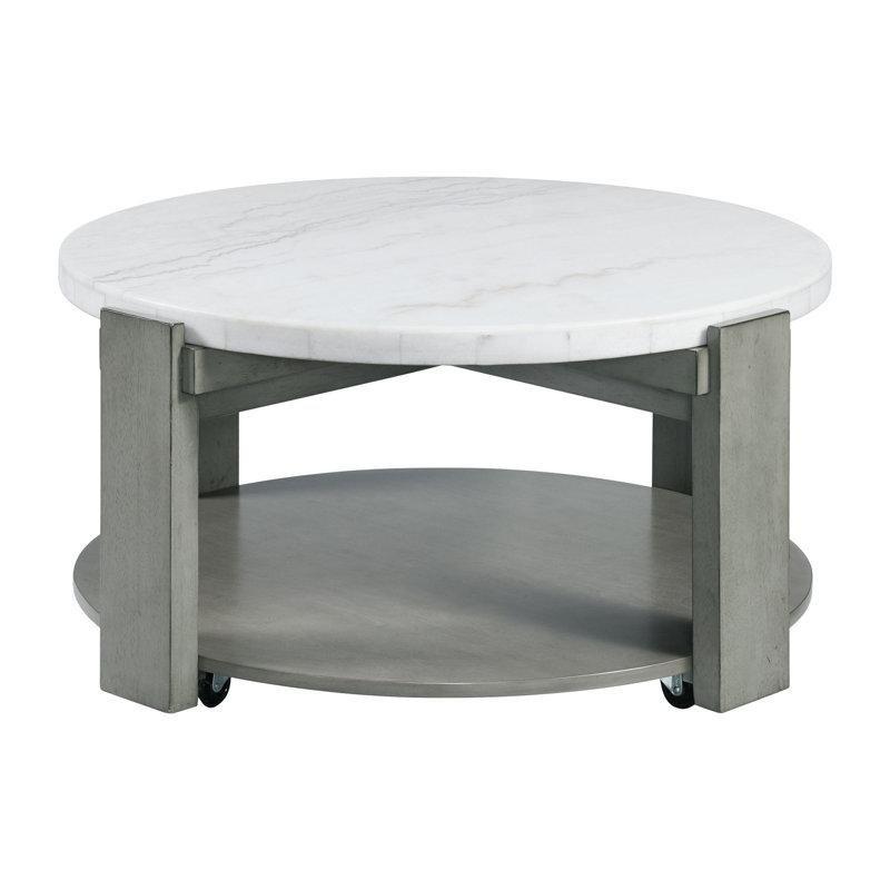 Beyaz Mermer Gri Ahşap Tekerlekli Raflı Yuvarlak Orta Sehpa - 97 cm - 244960