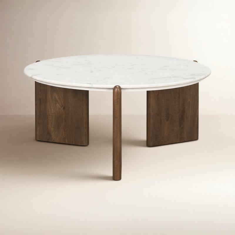 Beyaz Mermer Tabla Koyu Kahverengi Masif Ahşap Üç Ayaklı Yuvarlak Orta Sehpa - 92 cm - 246039