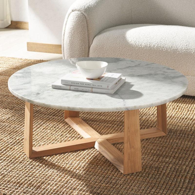 Beyaz Mermer Tablalı Akasya Ağacı Çapraz Ayaklı Yuvarlak Orta Sehpa - 97 cm - 245625