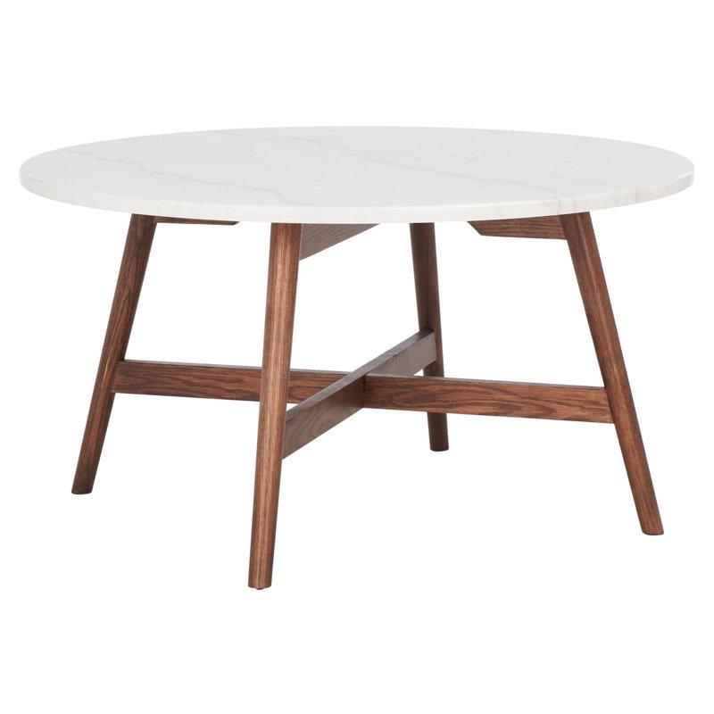 Beyaz Mermer Tablalı Ceviz Masif Ahşap Çapraz Ayaklı Yuvarlak Orta Sehpa - 81 cm - 245580