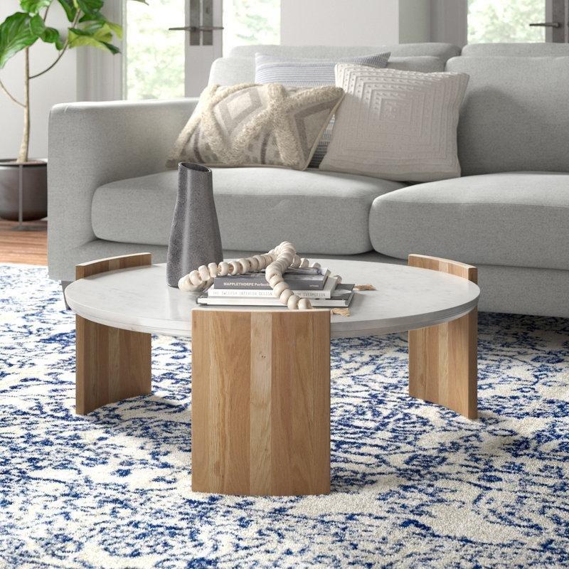 Beyaz Mermer Tablalı Masif Ahşap Üç Ayaklı Yuvarlak Orta Sehpa - 89 cm - 244160