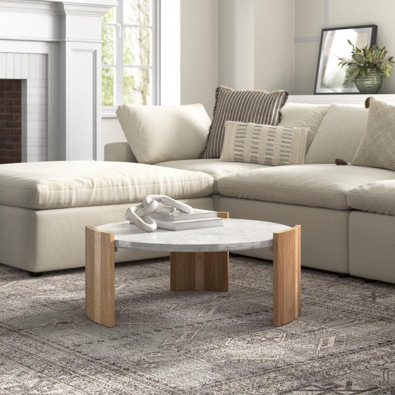 Beyaz Mermer Tablalı Masif Ahşap Üç Ayaklı Yuvarlak Orta Sehpa - 89 cm - 244160