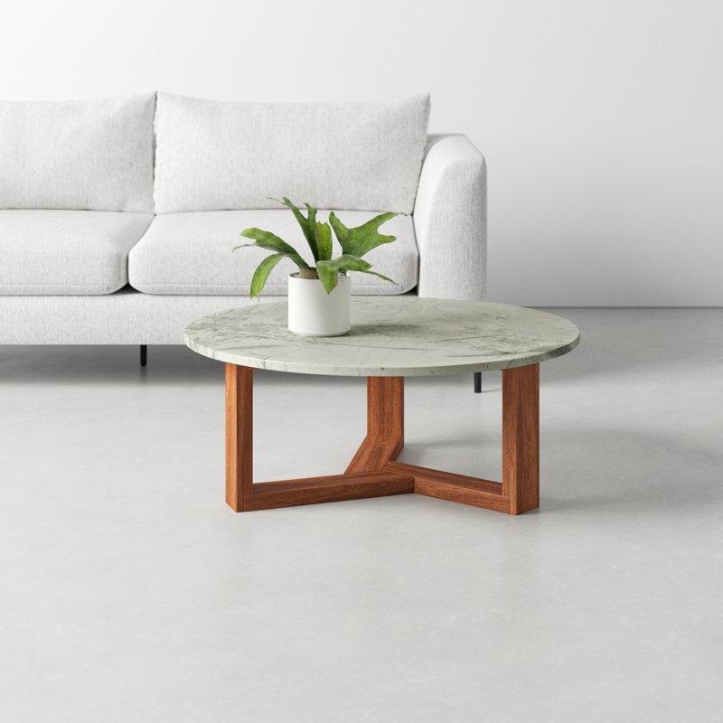 Beyaz Mermer Tablalı Masif Akasya Ağacı Çapraz Ayaklı Yuvarlak Orta Sehpa - 97 cm - 244446