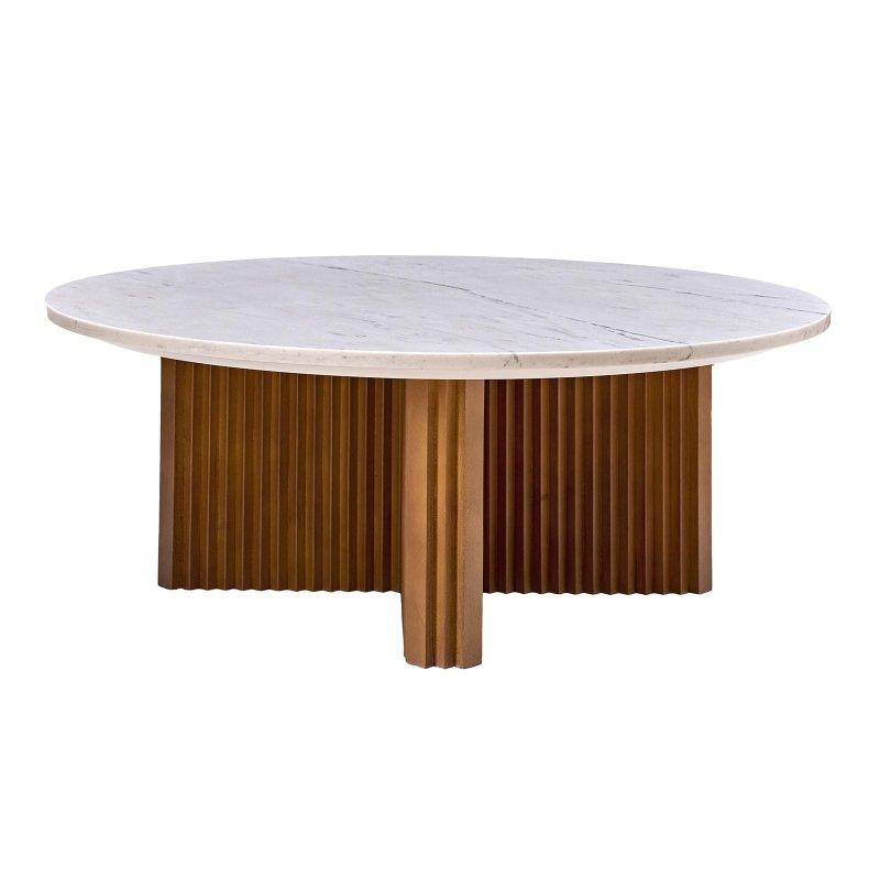 Beyaz Mermer Tablalı Masif Çam Ağacı Kaide Ayaklı Yuvarlak Orta Sehpa - 92 cm - 240213