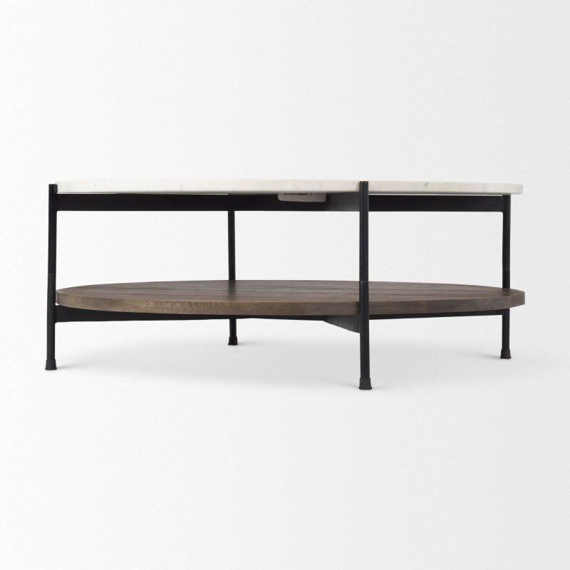 Beyaz Mermer Tablalı ve Masif Ahşap Raflı İki Katlı Yuvarlak Orta Sehpa - Çap 107 cm - 242155