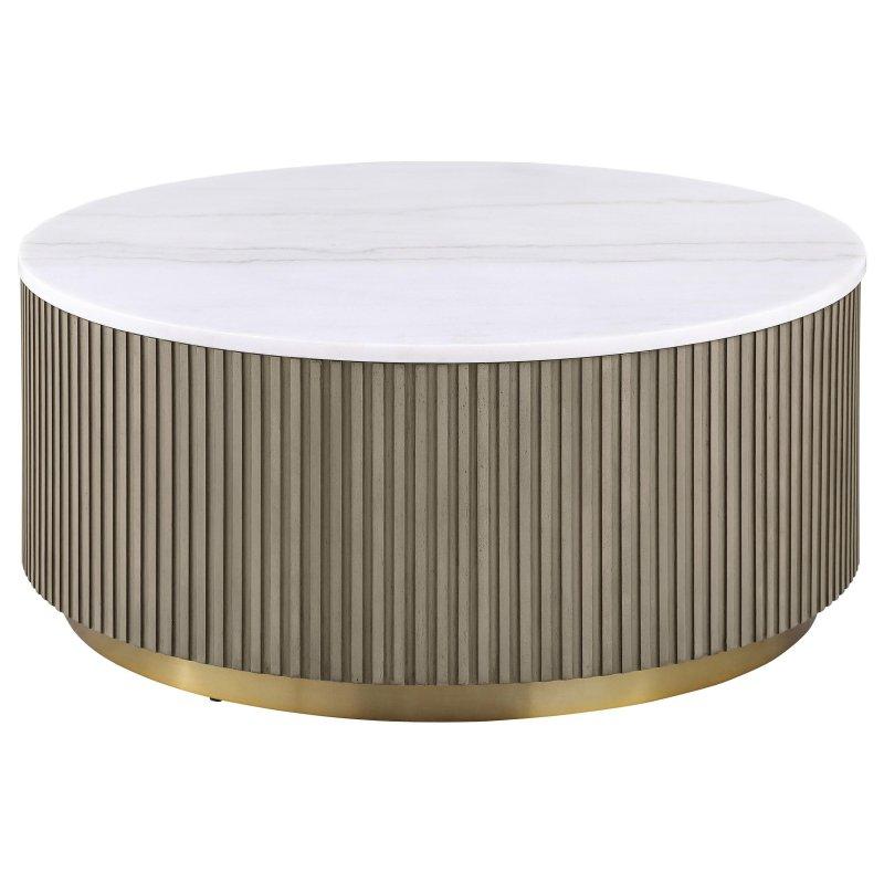 Beyaz Mermer Tablalı Yivli Gövdeli Gold Detaylı Yuvarlak Orta Sehpa - 89 cm - 243561