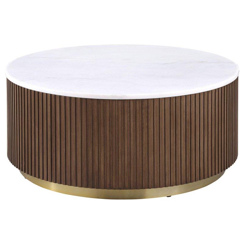 Beyaz Mermer Tablalı Yivli Gövdeli Gold Detaylı Yuvarlak Orta Sehpa - 89 cm - 243561