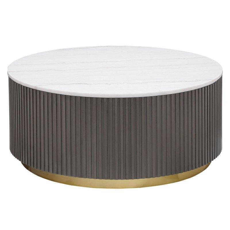 Beyaz Mermer Tablalı Yivli Gövdeli Gold Detaylı Yuvarlak Orta Sehpa - 89 cm - 243561