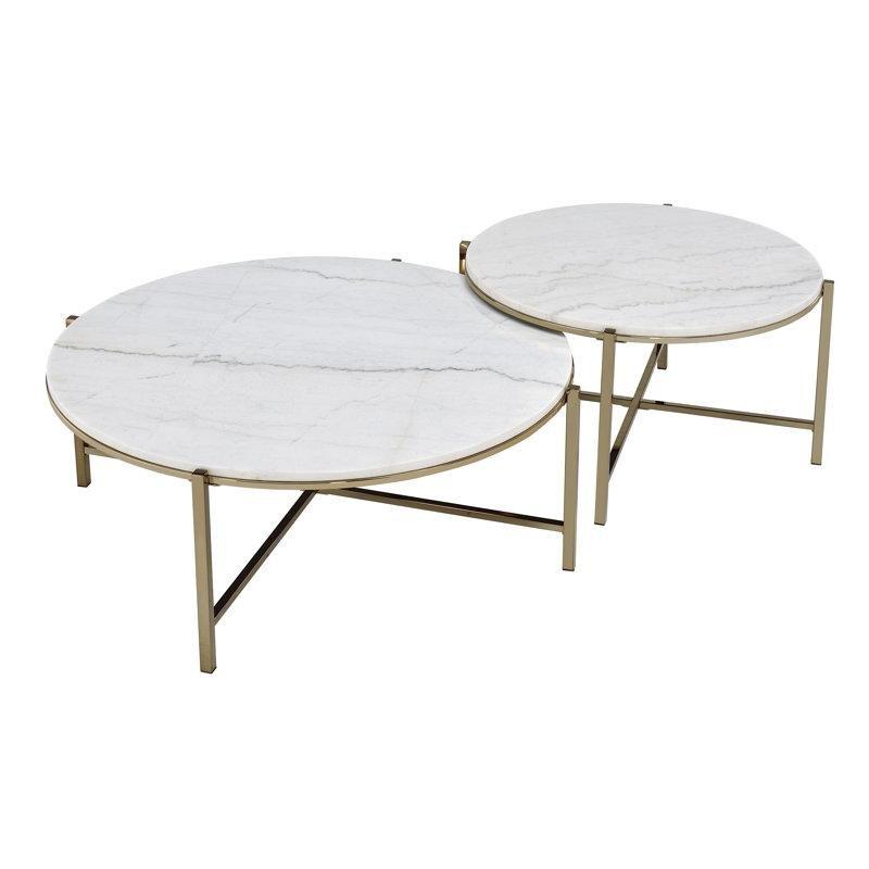 Beyaz Mermer ve Nikel Metal Çapraz Ayaklı İkili Zigon Yuvarlak Orta Sehpa - 94 cm - 245005