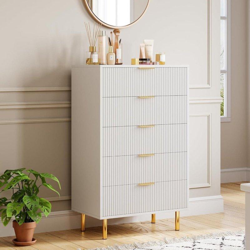 Beyaz Meşe 5 Çekmeceli Gold Kulplu Şifonyer - 76x47x122 cm - 301337