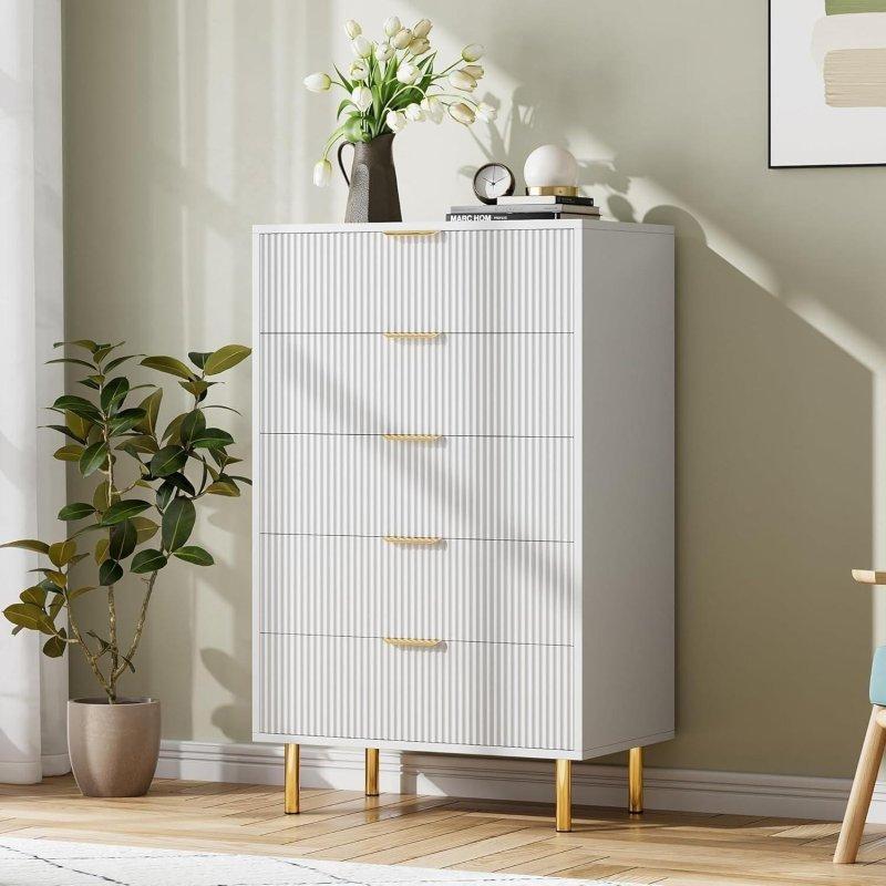 Beyaz Meşe 5 Çekmeceli Gold Kulplu Şifonyer - 76x47x122 cm - 301337