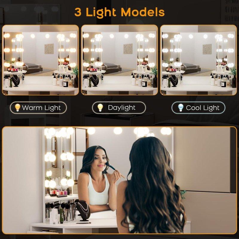 Beyaz Meşe Ahşap ve MDF Köşe Tasarım Aynalı ve LED Işıklı Makyaj Masalı Şifonyer - 297464