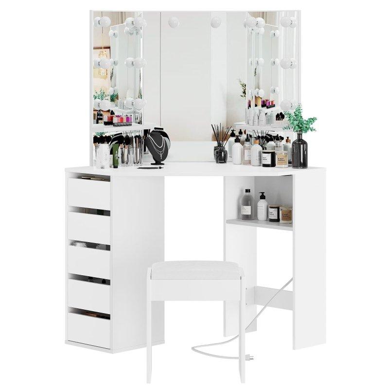 Beyaz Meşe Ahşap ve MDF Köşe Tasarım Aynalı ve LED Işıklı Makyaj Masalı Şifonyer - 297464