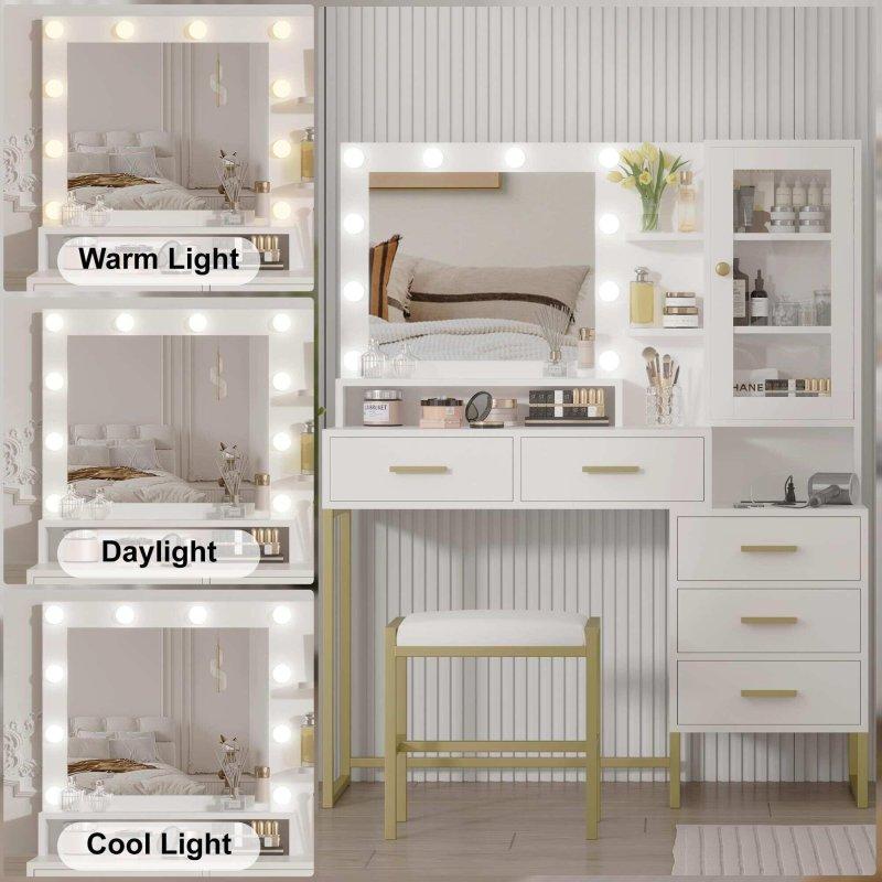 Beyaz Meşe LED Aydınlatmalı ve Şarj İstasyonlu Tabureli Makyaj Şifonyeri - 300671