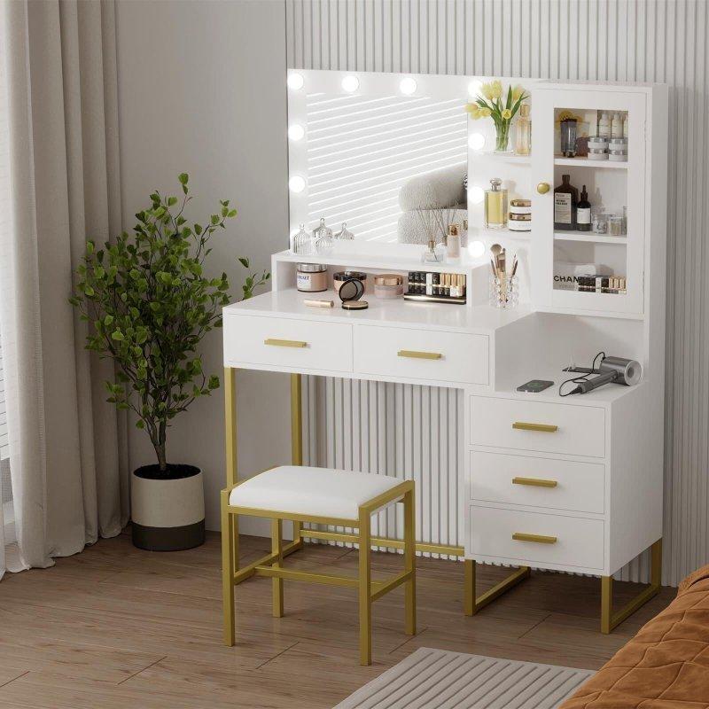 Beyaz Meşe LED Aydınlatmalı ve Şarj İstasyonlu Tabureli Makyaj Şifonyeri - 300671