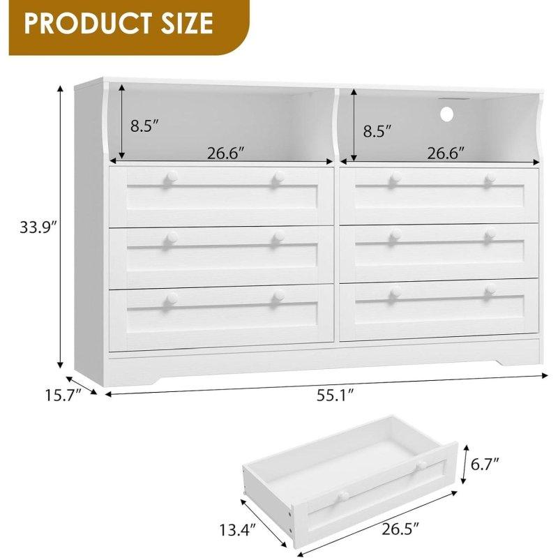 Beyaz Meşe LED Işıklı ve Prizli 6 Çekmeceli Şifonyer - 140x40x87 cm - 307968