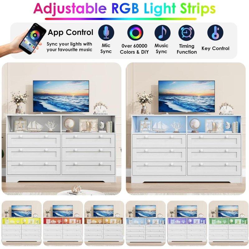 Beyaz Meşe LED Işıklı ve Prizli 6 Çekmeceli Şifonyer - 140x40x87 cm - 307968