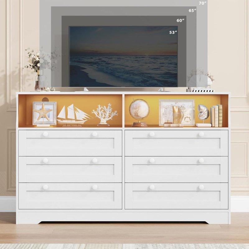Beyaz Meşe LED Işıklı ve Prizli 6 Çekmeceli Şifonyer - 140x40x87 cm - 307968