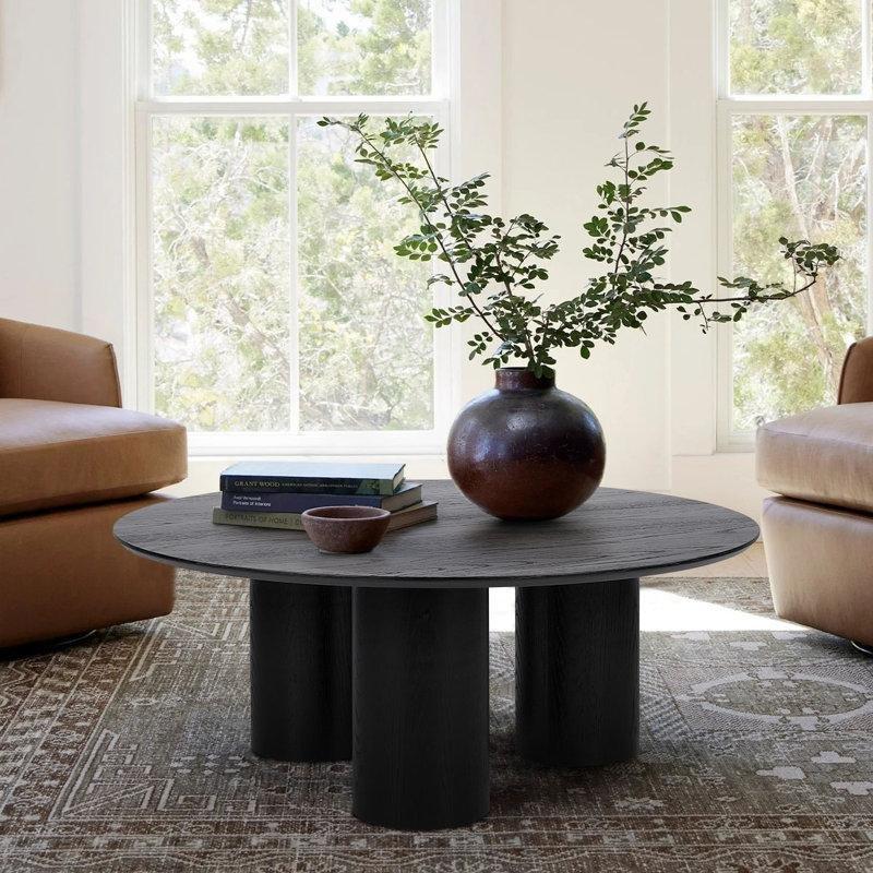 Beyaz Meşe Masif Ahşap ve MDF Üç Ayaklı Tambur Tasarım Yuvarlak Orta Sehpa - 102x41 cm - 245991