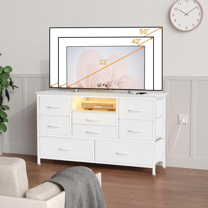 Beyaz Meşe MDF LED Aydınlatmalı Şarj İstasyonlu 8 Çekmeceli Şifonyer - 121x76 cm - 299430
