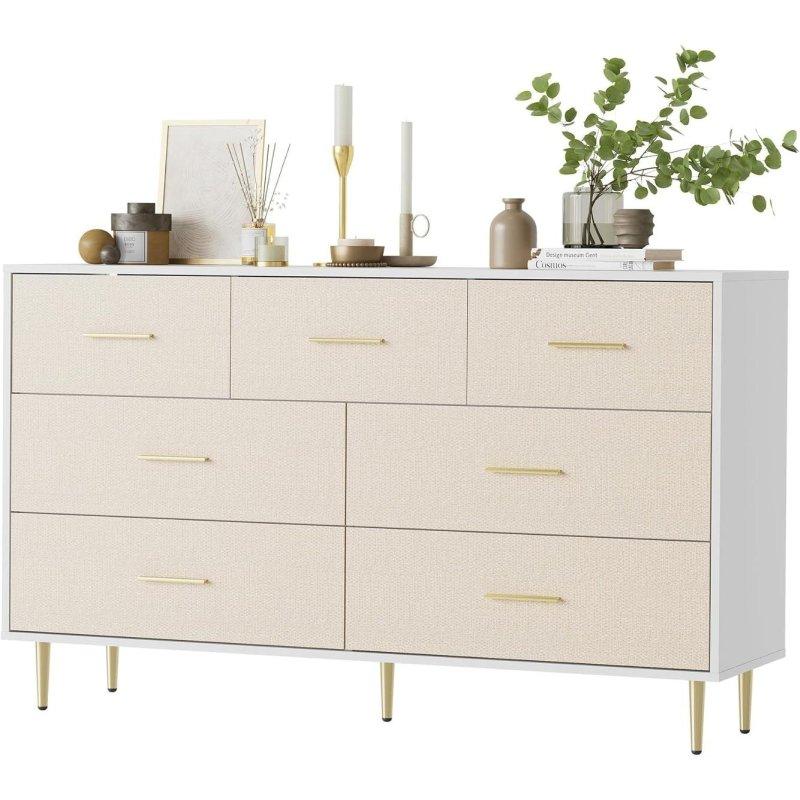 Beyaz Meşe Metal Ayaklı Gold Kulplu 7 Çekmeceli Şifonyer - 141 cm - 310824
