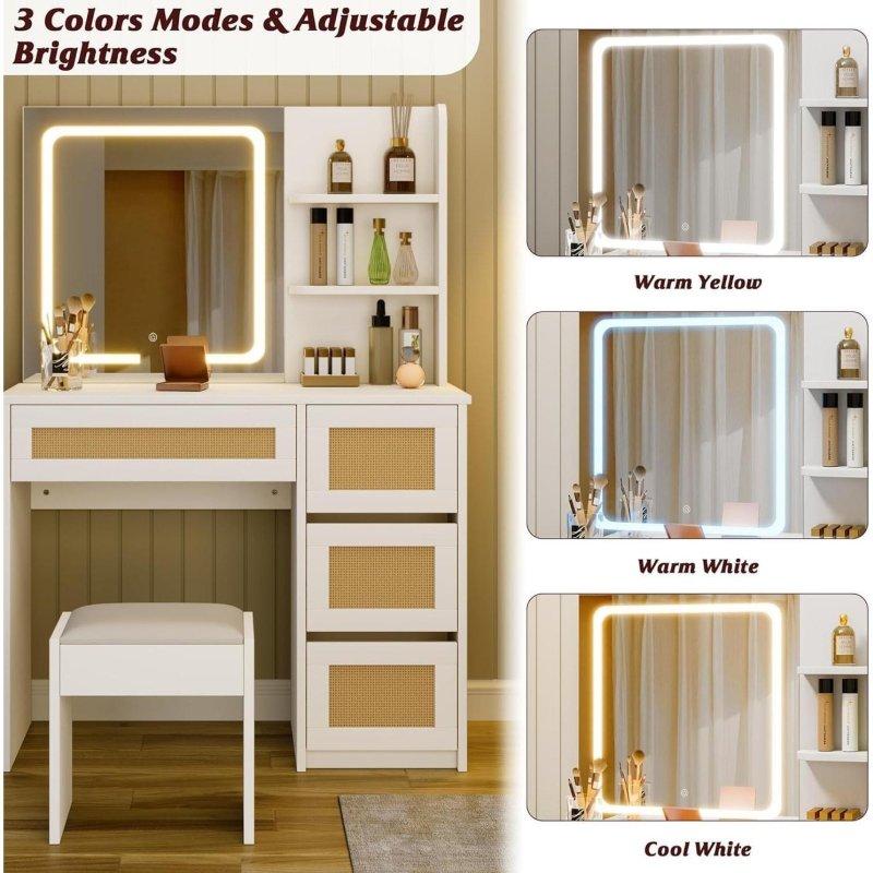 Beyaz Meşe Rattan LED Işıklı Aynalı ve Şarj İstasyonlu 2 Çekmeceli Makyaj Şifonyeri - 90x40x140 cm - 295897
