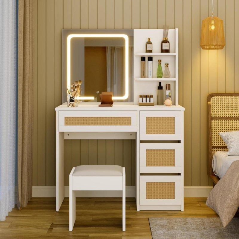 Beyaz Meşe Rattan LED Işıklı Aynalı ve Şarj İstasyonlu 2 Çekmeceli Makyaj Şifonyeri - 90x40x140 cm - 295897